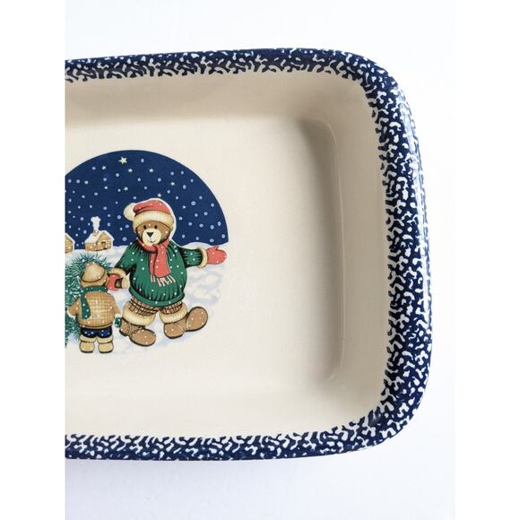 Vtg Christmas Casserole Baking Dish Holiday Bear Family ABC Distributing 9x14 - Picture 2 of 12